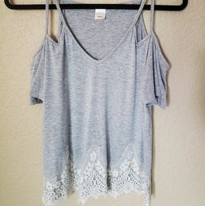 Selfie Heather Gray Cold Shoulder Lace Bottom Top